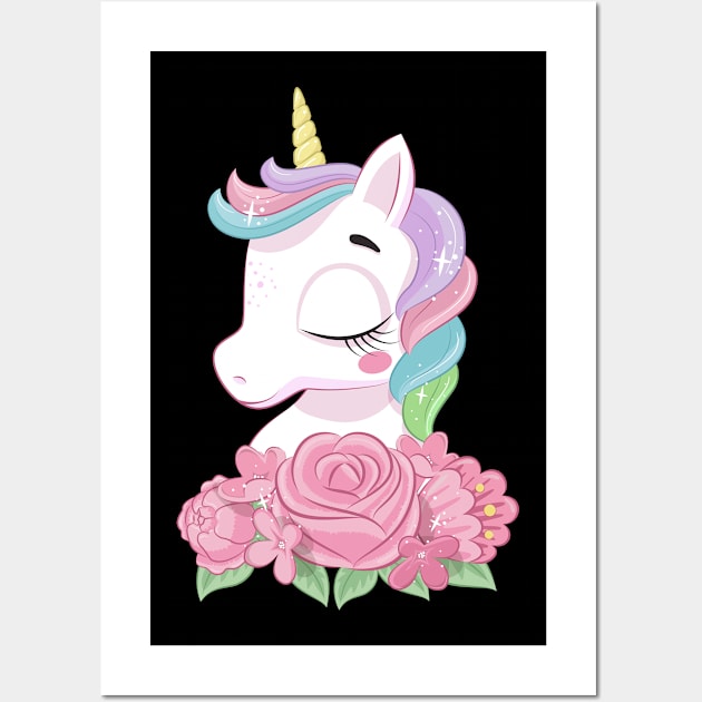 cute magical unicorn with flowers tshirt Wall Art by Tshirt lover 1